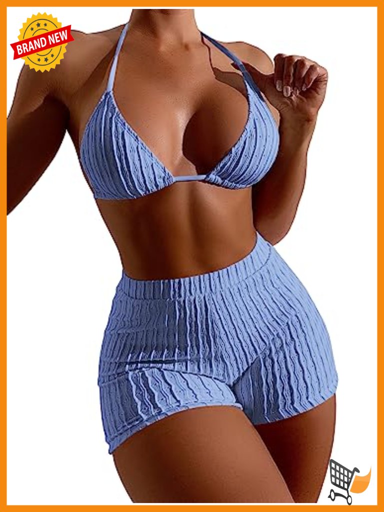 2 Piece Swimsuits Halter Triangle Top High Waisted Shorts Bikini Set